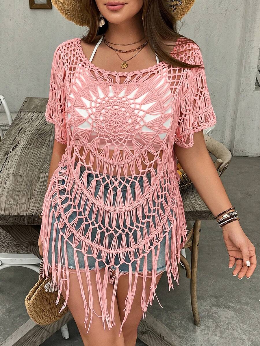 SHEIN VCAY Plus Size Women Solid Color Hollow Casual Versatile Knit Top For Daily Wear - Pink - View 1