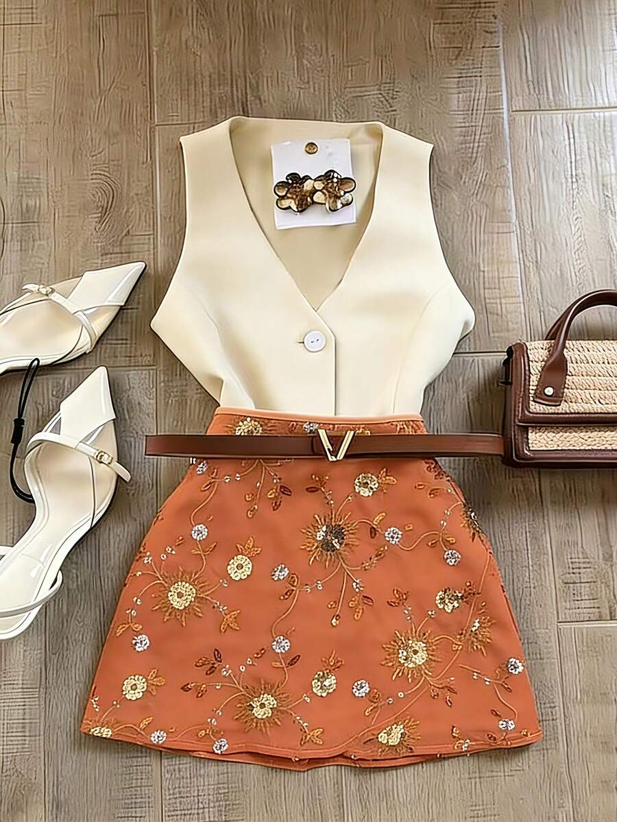 Franclia Women's New Embroidered Mesh Mini Skirt - Orange - View 1