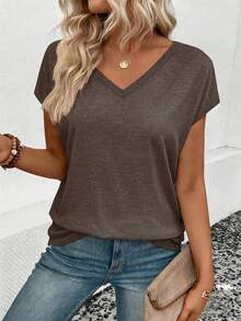 EMERY ROSE Women's Solid Color V-Neck Short Sleeve Casual Versatile T-Shirt - Coffee Brown - View 6