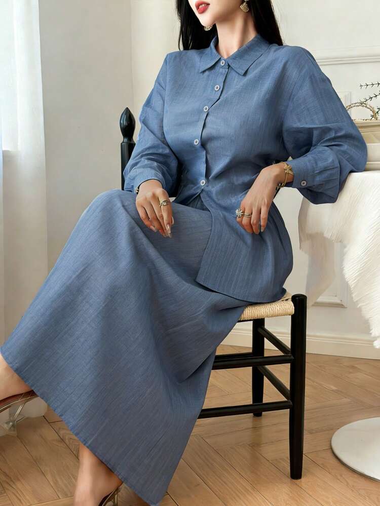 Women's Resort Button Knot Bow Blouse And Solid Color Skirt 2-Piece Set