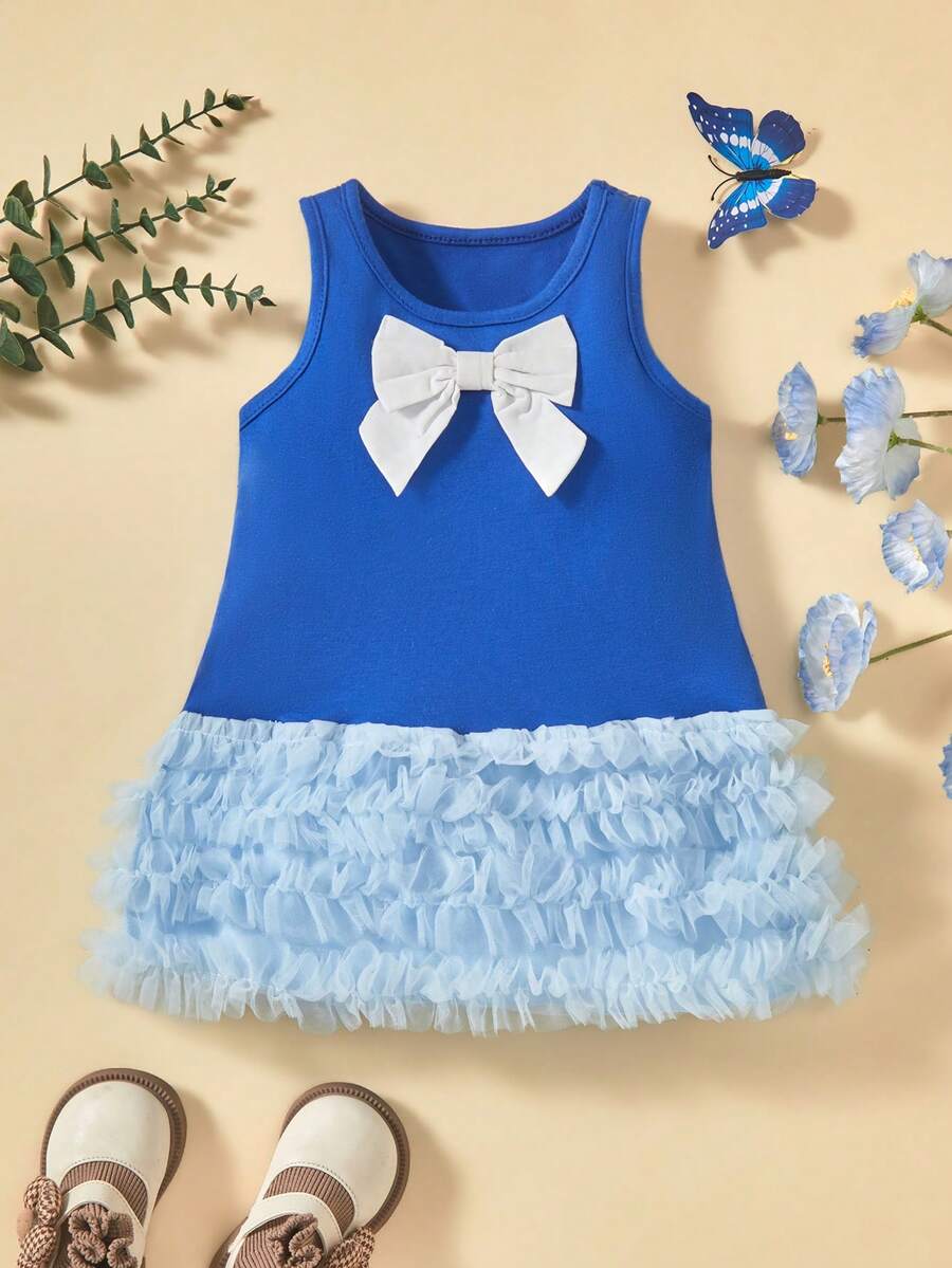 Glamorique Kids Gaun Tanpa Lengan Rajut Jala Warna Pink dengan Hiasan Pita dan Rumbai untuk Bayi Perempuan, Gaya Korea Musim Panas - Biru - View 1