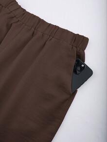 Franclia Plus Size Women's Brown Summer Smart Casual Office Work 2-Piece Set,Linen-Like V-Neck Open Front Ruffle Asymmetric Hem Metal Buckle Flared Pants Set - Brown - View 7