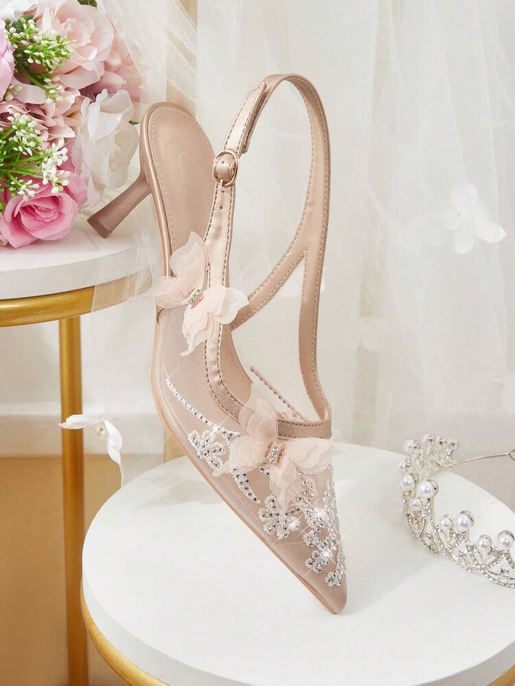 CUCCOO HITCHD Women Shoes Four Seasons New Embroidery Diamond Press Butterfly Flower Design Pointed Head Thin Heel High Heel Elegant Temperament Stylish Mesh Women's High Heel Shoes Back Lift With Dew Heel Shoes Elegant Temperament Afternoon Tea Valentine's Day Party Wedding Wear