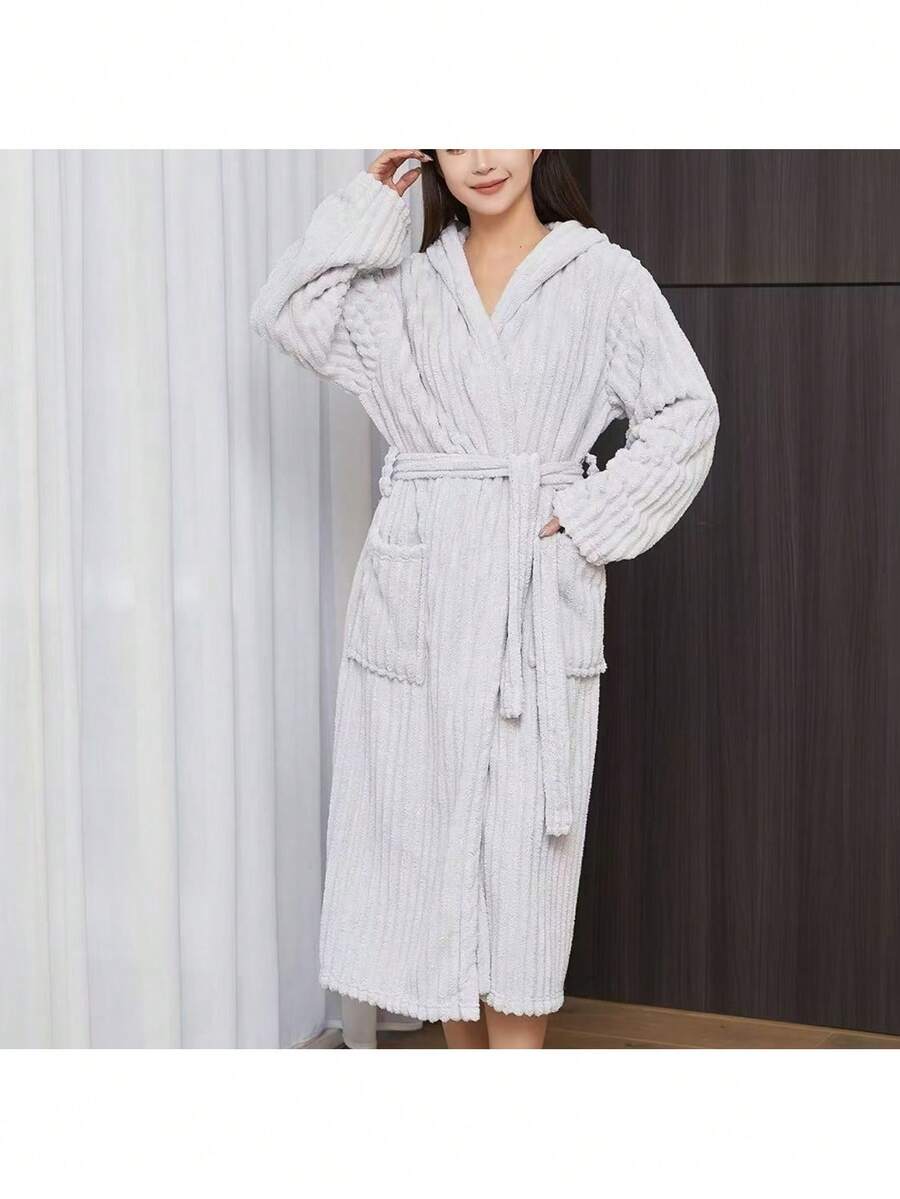 1件珊瑚绒立体玳瑁纹帽子浴袍，长度130厘米/51.18英寸，男女通用，增高款，男女居家睡袍，家居服，晨衣，柔软舒适，吸水性强，酒店美容院自用礼品 - 藏蓝色 - 查看 1