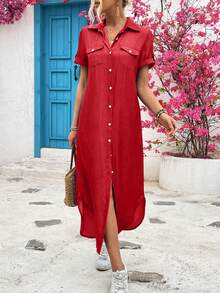 EMERY ROSE Ladies' Summer Denim Effect Fabric Long Shirt Dress Maxi Women Outfit - Red - View 5