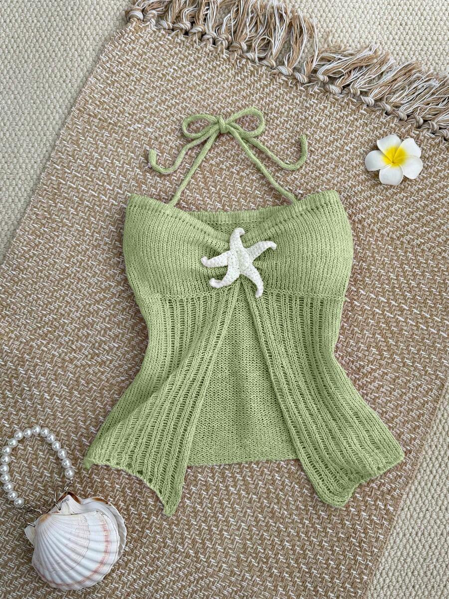 Flirla Y2K Women's Spring/Summer Casual Cute Island Beach Starfish Element Crochet Openwork Knit Halter Neck Top - Green - View 1