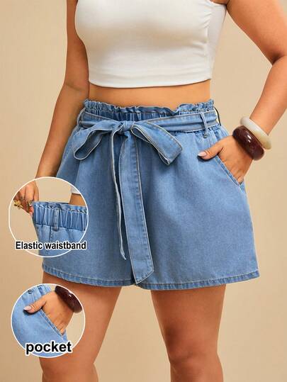 Travachic Quần short denim dáng rộng, thắt nơ, có túi, phong cách thường ngày dành cho nữ cỡ lớn.