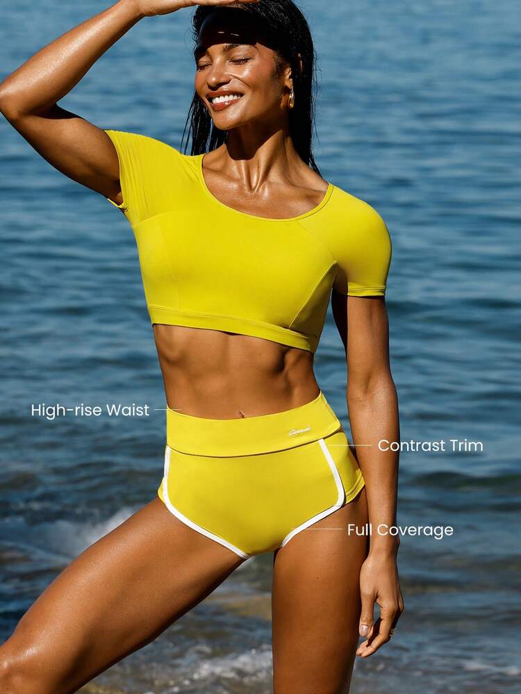 Chlorine-Resistant Make A Splash High-Waisted Sun-Protective Stretchy Quick-Dry Colorblock Bikini Bottoms Swimming Beach Pool Holiday Vacation Summer Wear