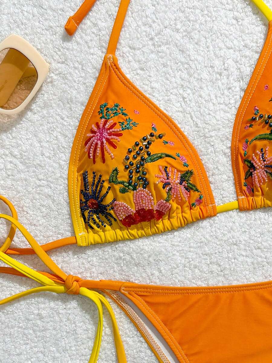 Swim Mod 刺绣夏季新款挂脖吊带女士泳装渐变花卉串珠三角比基尼套装,沙滩度假泳装 - 橘色 - 查看 1