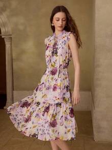 MOTF PREMIUM ROMANTIC FLORAL 3D FLOWER MIDI DRESS - Purple - View 5