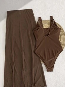 Bonvoyette Spring/Summer Vacation Solid Color Twisted Strap One-Piece Swimsuit And Waist Pleated Chiffon Sarong Two Pieces Swimsuit Set - Coffee Brown - View 2