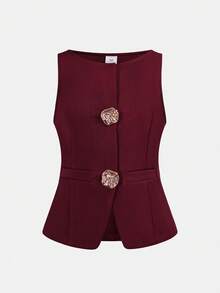 Firerie Kids 2 pièces Ensemble Top camisole décoré de boutons bordeaux et pantalon à la cheville pour jeune fille, style décontracté et à la mode - Rouge foncé - Voir 5