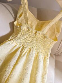 Souflis Souflis Young Girls Textured Floral Fabric Jumpsuit With Bow Strap, Suitable For Vacation And Daily Wear - Yellow - View 3