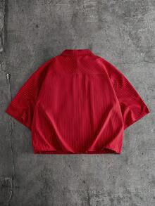 AXEPEAK 男士休闲条纹字母刺绣单排扣百搭衬衫 - 紅色 - 查看 2