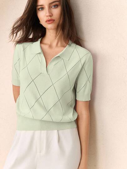 BizChic Áo len nữ tay ngắn cổ polo màu tím nhạt trơn, họa tiết hình thoi, thích hợp cho đi làm, công sở, đi nghỉ mát, dự đám cưới, tiệc tùng, mùa hè.
