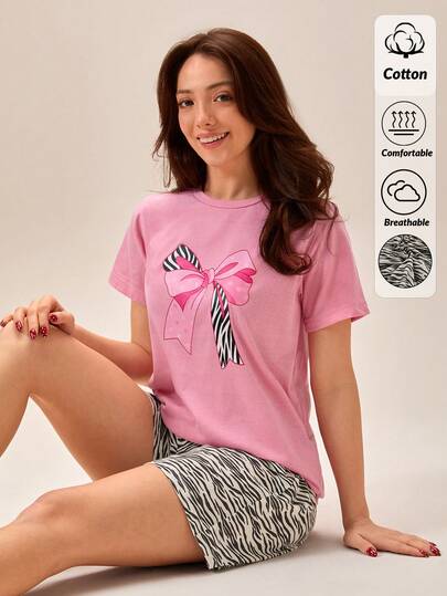Loomlin Cottonline Women 2pcs Pink Zebra And Bow Patterned Short Sleeve Sleep Tee + Elastic Waist Relaxed Comfort Sleep Shorts Bottom Casual Pajama Lounge Sets