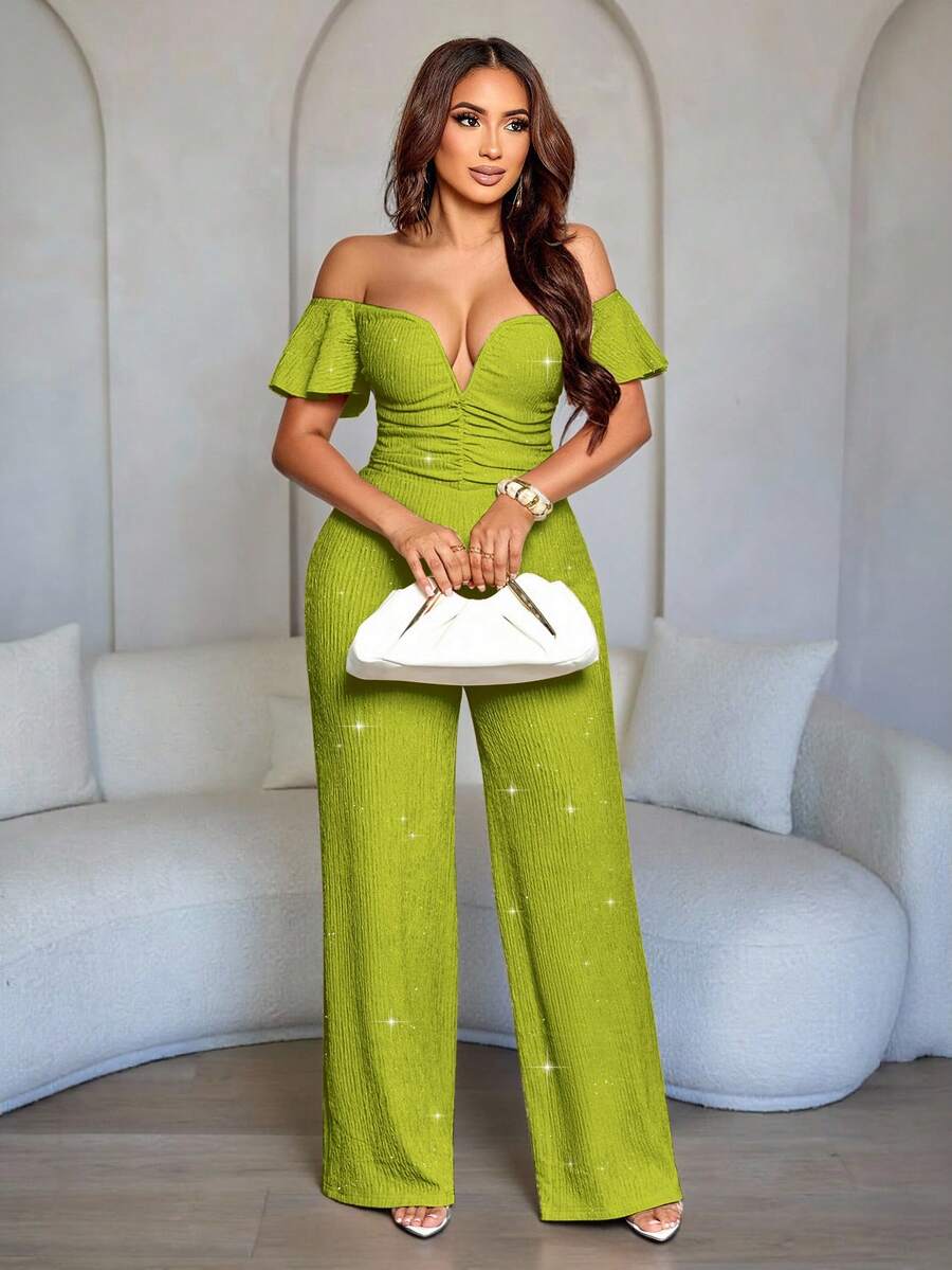 SOLERSUN Bộ jumpsuit thời trang thanh lịch dành cho nữ, cổ chữ V, trễ vai, tay bồng, chất liệu lấp lánh, thích hợp cho tiệc tùng, hộp đêm, câu lạc bộ đêm, ống rộng, dáng ôm sát, hẹn hò. - màu xanh lá - Xem 1