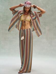 Bohemela Bộ 2 món áo thun dệt kim kẻ sọc dáng rộng và quần ống rộng dành cho nữ (kiểu dáng thường ngày). - Nhiều màu - Xem 3