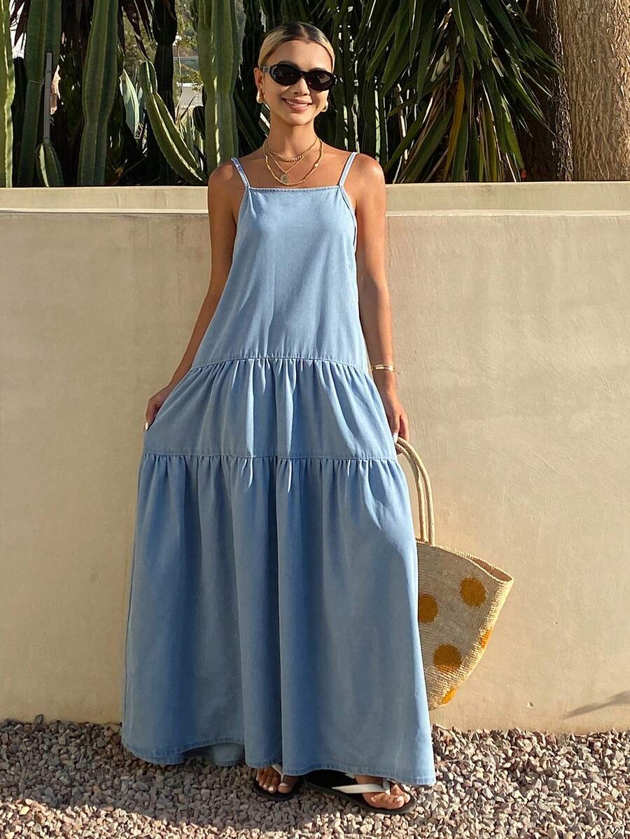 Livesso 女士度假夏季沙滩吊带牛仔连衣裙 - 藍色 - 查看 1