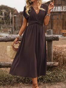 Wandoria Vestido midi casual para mujer con cintura fruncida, nudo en la espalda, hombros caídos y corte en A, estilo bohemio para vacaciones de primavera/verano - Marrón Chocolate - Ver 3