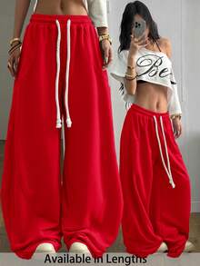SHEIN Tall CURVE Quần Scimitar màu xám thoải mái, cạp chun co giãn, thích hợp cho nữ, kiểu dáng đường phố, đi chơi hoặc dạo phố. - Đỏ - Xem 1