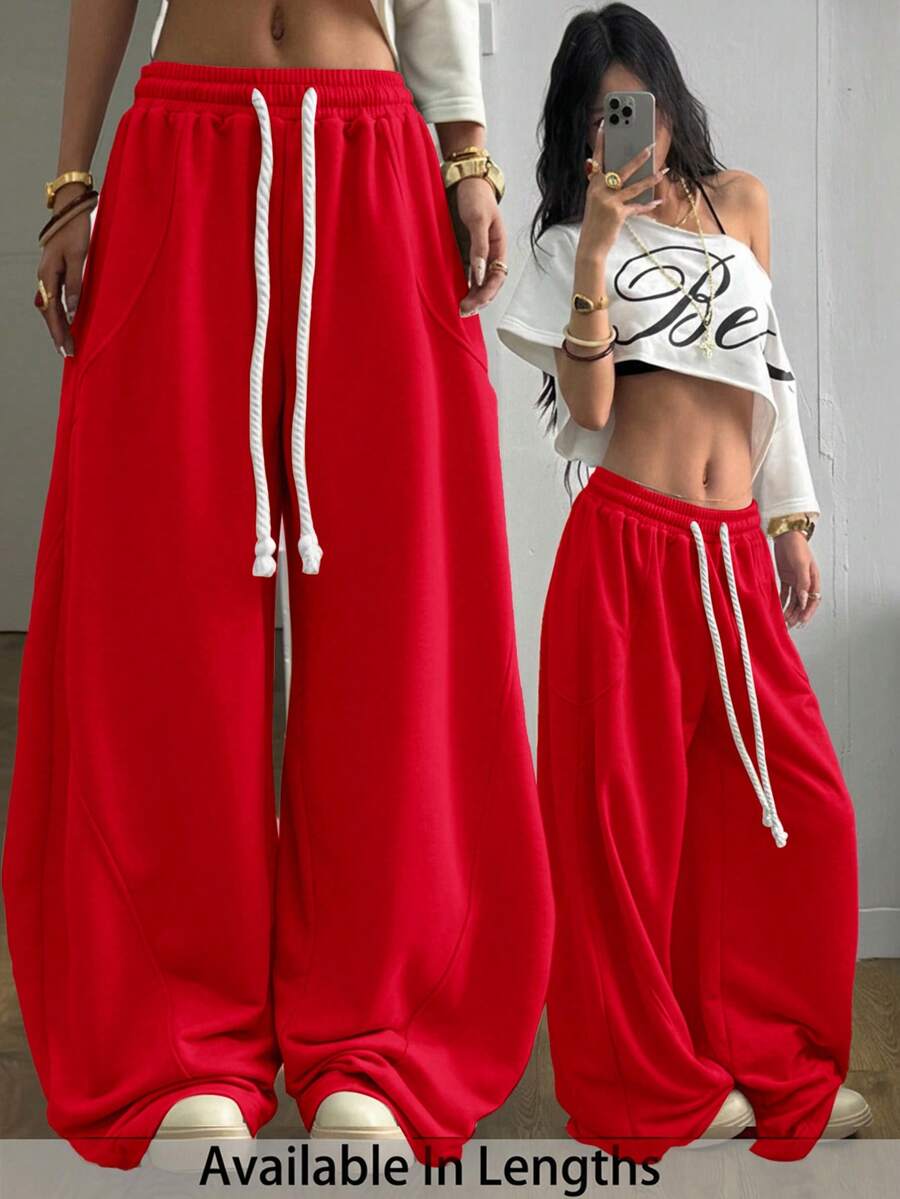 SHEIN Tall CURVE Quần Scimitar màu xám thoải mái, cạp chun co giãn, thích hợp cho nữ, kiểu dáng đường phố, đi chơi hoặc dạo phố. - Đỏ - Xem 1
