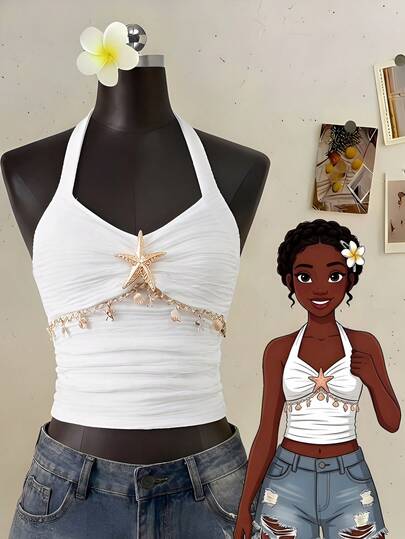 SHEIN Sparklyn Tween Girls White Starfish Halter Neck Crop Top,Summer Boho Beach Vacation Ruched Blouse For Tween Girls,Marine Pearl Chain Decor Removable Bow Blouse