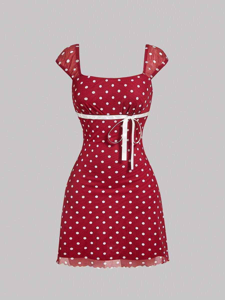 SHEIN MOD Bow Tie Ruched Mesh Polka Dot Dress ,Summer Dress - Burgundy - View 1