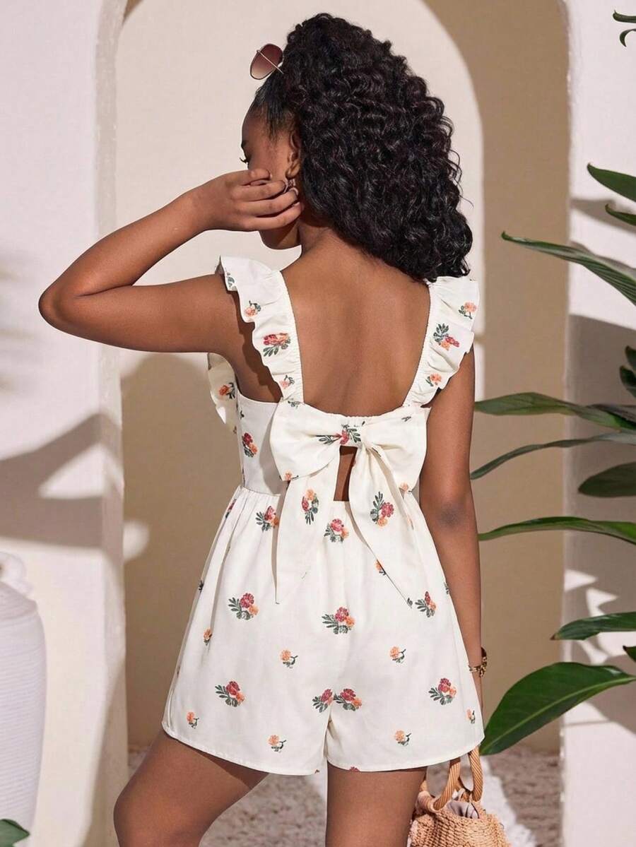 SHEIN Tween Girl Casual Daily Versatile Comfortable Fitted Floral Print Ruffle Back Bow Decor Jumpsuit Tween Girl - Apricot - View 1