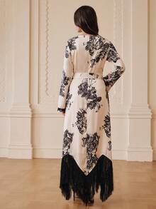 ZEYLAH 优雅V领收腰印花连衣裙，流苏下摆，春夏款 - 杏色 - 查看 3