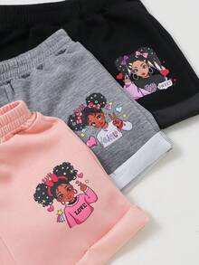 3件套女童轻薄针织可爱卡通印花短裤套装，夏季 - 彩色 - 查看 3