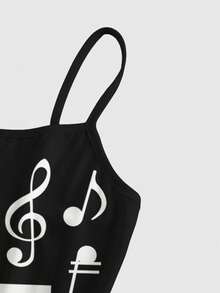 ROMWE Kawaii Đầm ngắn in hình nốt nhạc và bản nhạc piano dễ thương, phong cách sinh viên cho mùa xuân/hè. - màu đen - Xem 3