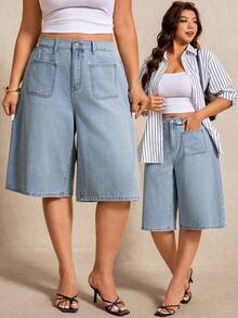 Elaquor Damen Jeans in Große Größen mit lockerer Passform und 3/4 Länge mit Taschen - Helle Waschung - Übersicht 2
