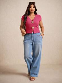 SHEIN Elaquor Plus Size Women Metal Shell Design Short Sleeve Casual T-Shirt - Hot Pink - View 3