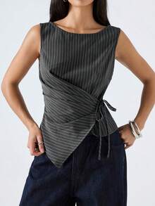 LYSMO Áo tank top không tay cổ tròn kiểu tối giản mới năm 2026, áo sơ mi màu xám, áo sơ mi buộc dây phía trước màu xám, áo sơ mi bất đối xứng, áo sơ mi kẻ sọc nhỏ, áo kiểu thời trang nữ/áo kiểu nữ thường ngày - Xám - Xem 3