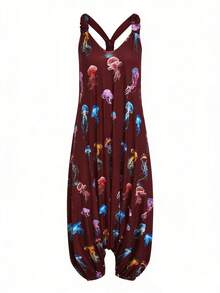 Sweetra Plus Size Women Jellyfish Print Bohemian Loose Jumpsuit - Burgundy - View 1