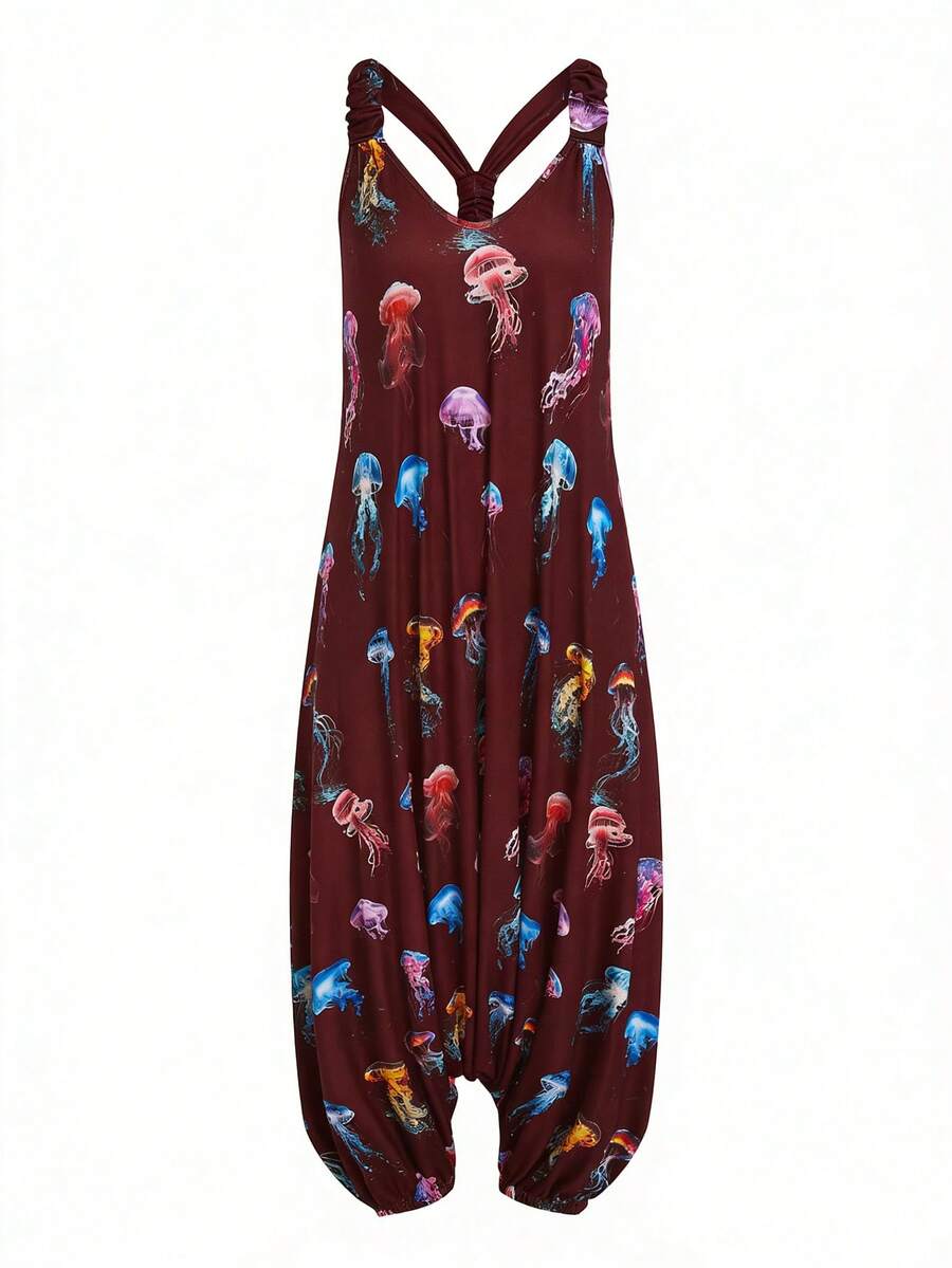 Sweetra Plus Size Women Jellyfish Print Bohemian Loose Jumpsuit - Burgundy - View 1