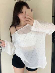 DAZY Camiseta de verano oversize con hombros descubiertos, abertura y estampado de lunares para mujer - Beis - Ver 1