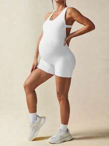 SHEIN Maternity Solid Color Backless Sleeveless Sports Romper,Word Cup - White - View 4