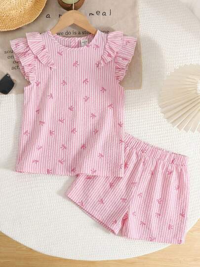 SHEIN LMoss Kids Tween Girl 2 Pieces Set: Casual Comfortable Round Neck Ruffle Blouse And Pants