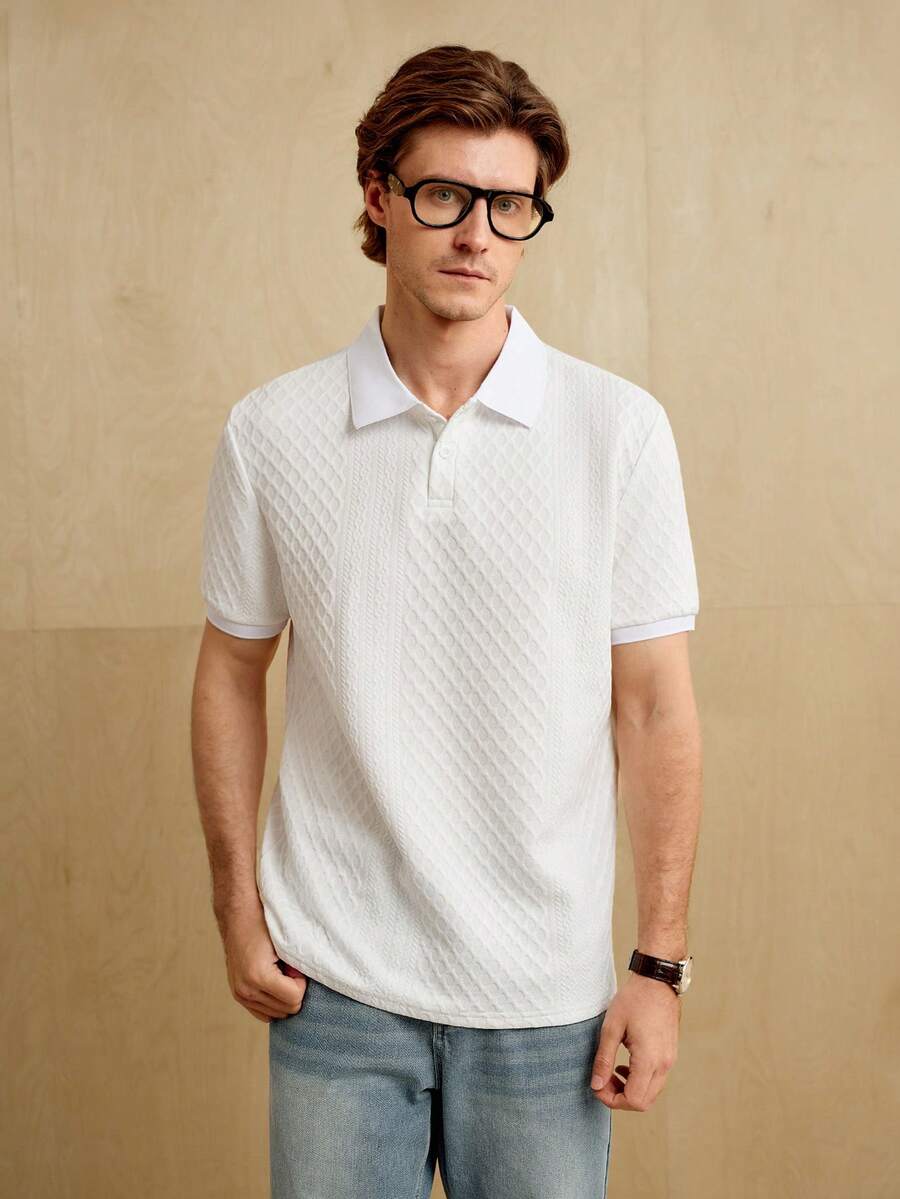 Manfinity Homme 男士纯色基本纹理领 Polo 衫,适合丈夫外出 - 白色 - 查看 1