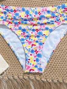 SHEIN Tween Girls Colorful Ditsy Floral Bikini Set,White Summer Cute Pool Party Vacation Holiday Bathing Suits For Teens,Knit Fabric Side Tie Swimwear Set - Multicolor - View 5