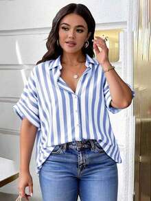 EMERY ROSE Plus Size Linen Striped Casual Shirt - Multicolor - View 1