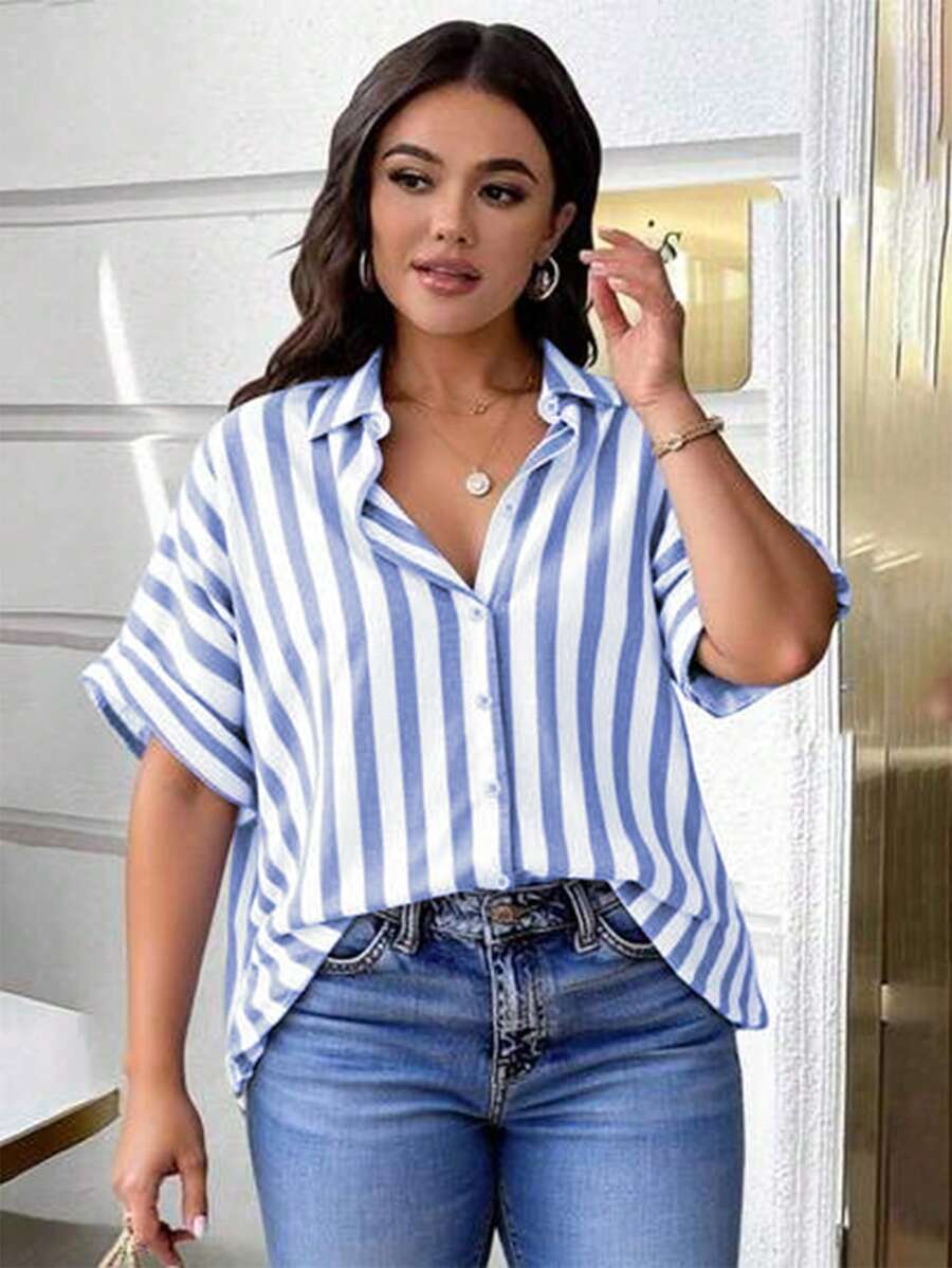 EMERY ROSE Plus Size Linen Striped Casual Shirt - Multicolor - View 1