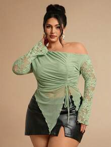 SHEIN BAE Plus Size Women Mesh Bow Top, Elegant Summer Holiday Party, Suitable For Valentine's Day, Birthday - Mint Green - View 5