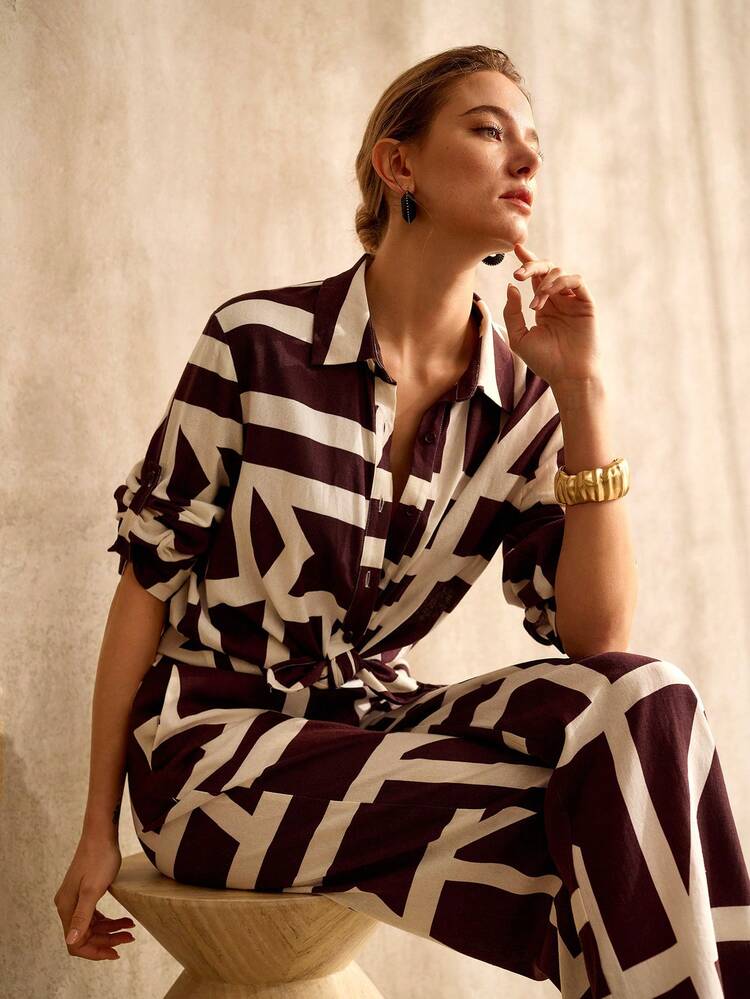 WOMEN'S SPRING/SUMMER RAYON LINEN BLEND GEOMETRIC PRINT COMFORTABLE LOOSE SHIRT