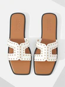 MOTF Giày sandal đế bằng hở mũi trang trí đinh tán dành cho nữ mùa hè. - Màu lạc đà / trắng - Xem 1