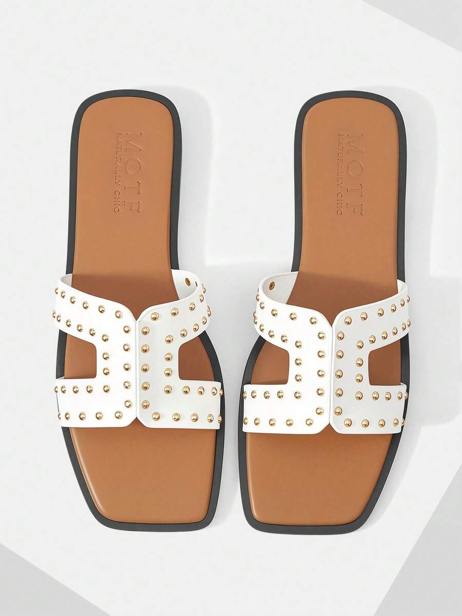 MOTF Giày sandal đế bằng hở mũi trang trí đinh tán dành cho nữ mùa hè. - Màu lạc đà / trắng - Xem 1