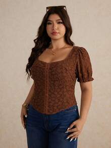 Elaquor Áo thun nữ cỡ lớn tay cánh hoa thanh lịch, kiểu dáng ôm sát, chất liệu jacquard, phong cách nghỉ dưỡng. - màu nâu - Xem 7