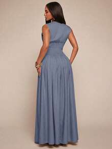 Radiana 女士性感优雅简约亚麻质感V领无袖连衣裙，收腰设计，纽扣衬衫裙，飘逸半身裙，休闲连衣裙，复古风连衣裙，简约连衣裙，度假连衣裙 - 藍色 - 查看 2